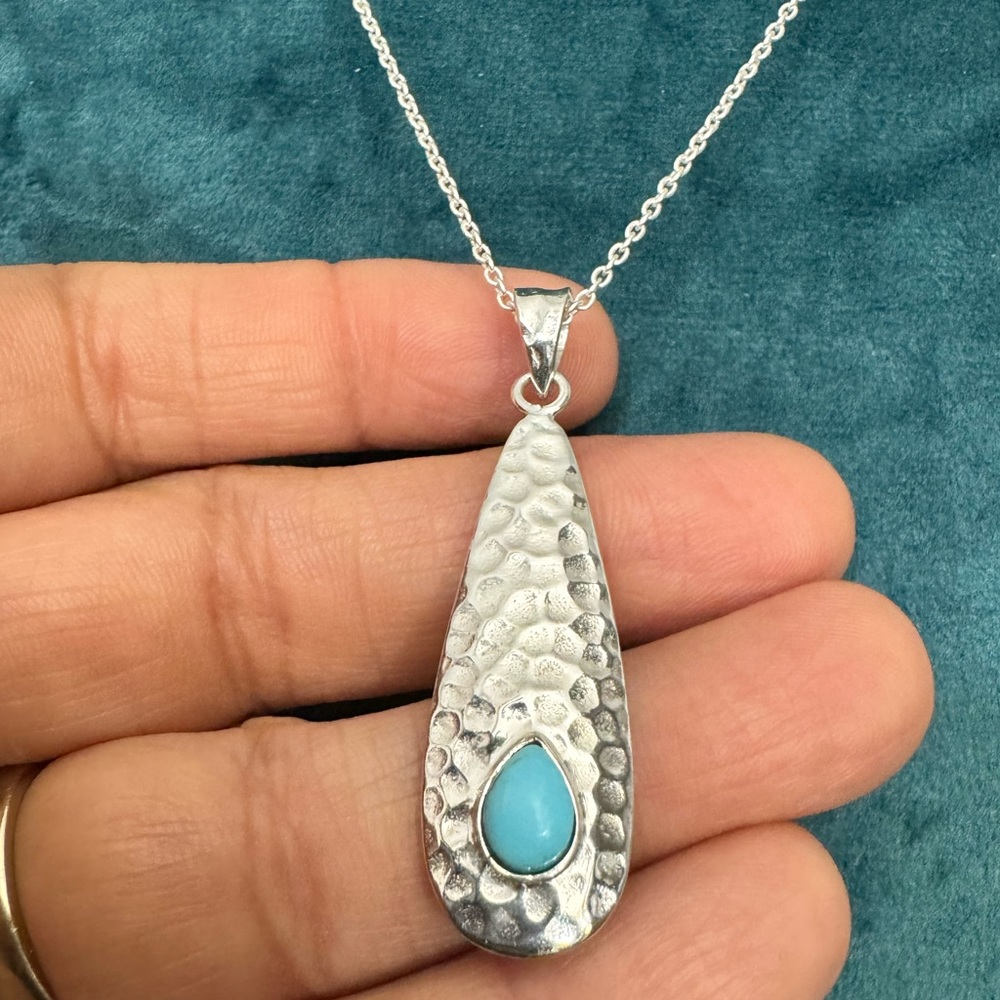 925 Sterling Silver (Hammered)  Necklace with genuine Turquoise.